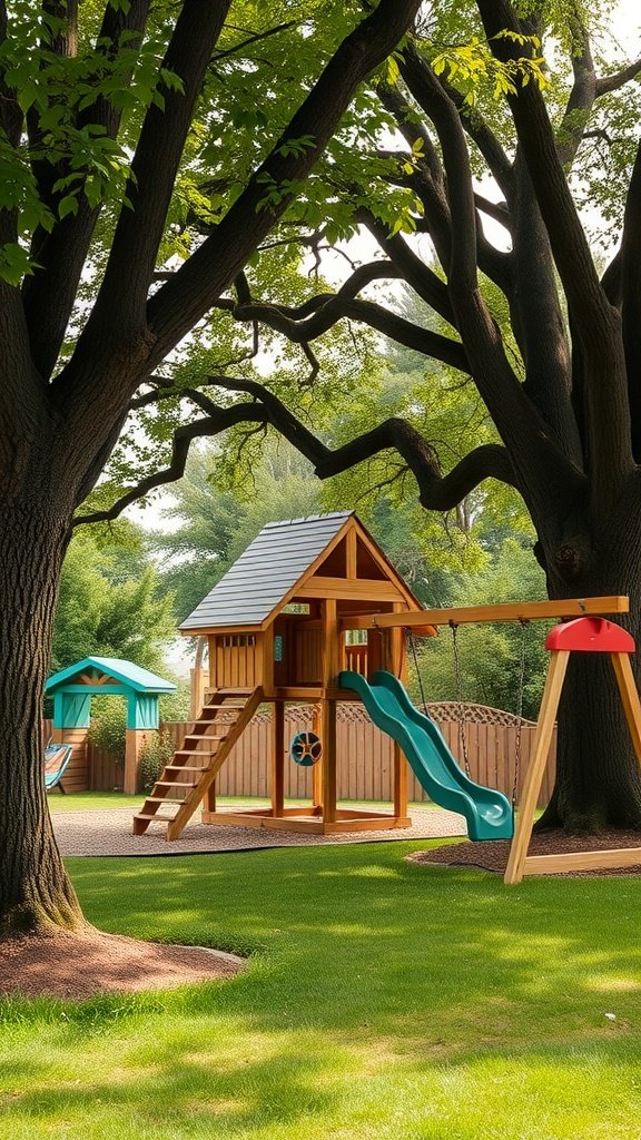 Children playing in a wooden playground surrounded by trees, featuring swings and a slide.