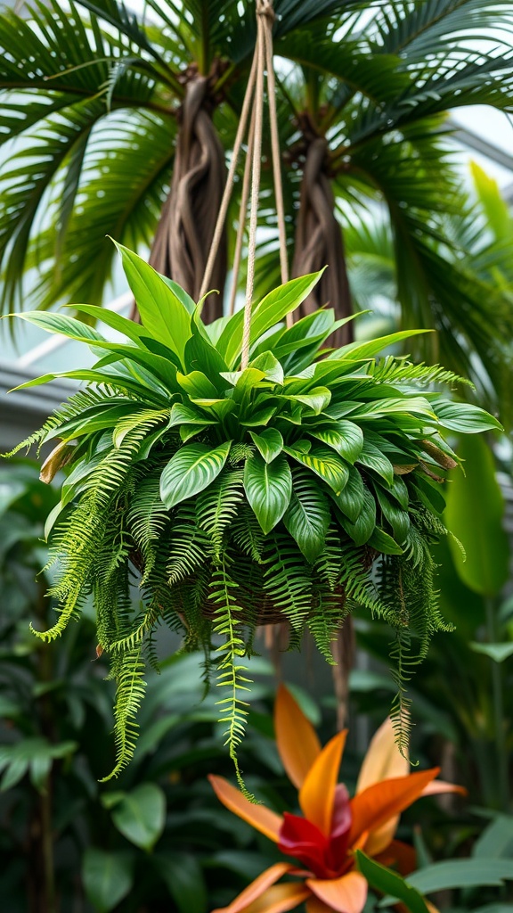 A hanging basket filled with tropical foliage, including ferns and green leaves, surrounded by other tropical plants.