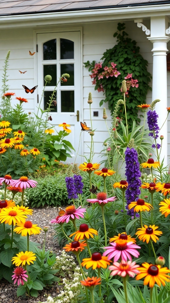 A colorful front garden with butterfly-friendly flowers, including coneflowers and purple blooms, near a cottage.