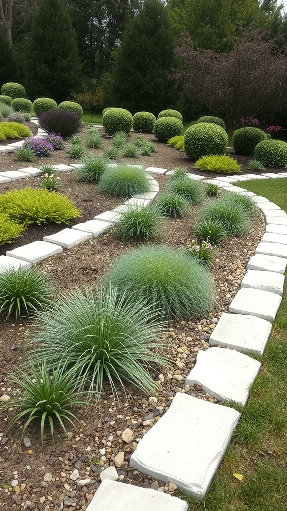 A garden with white stone edging, featuring various plants and shrubs.