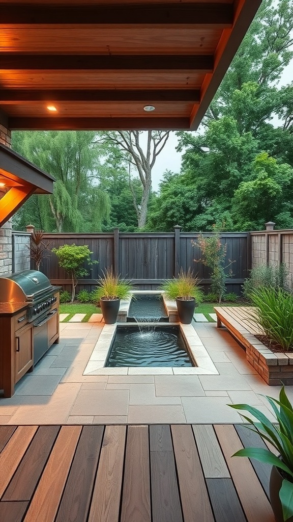 An outdoor kitchen with a water feature, showcasing a grill, plants, and a relaxing atmosphere.
