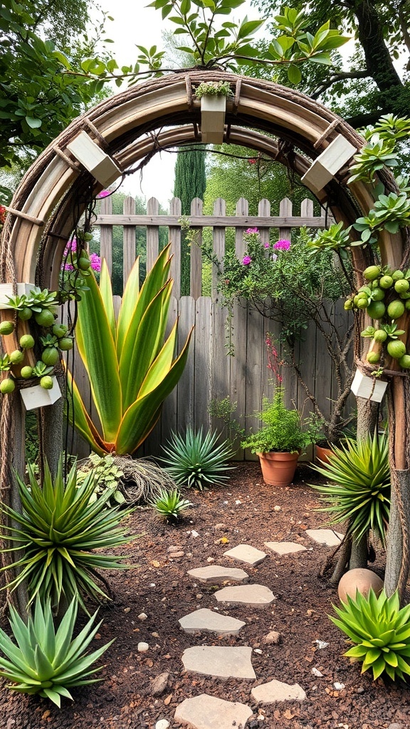 A garden arch made from recycled materials, featuring planters and surrounded by various plants.