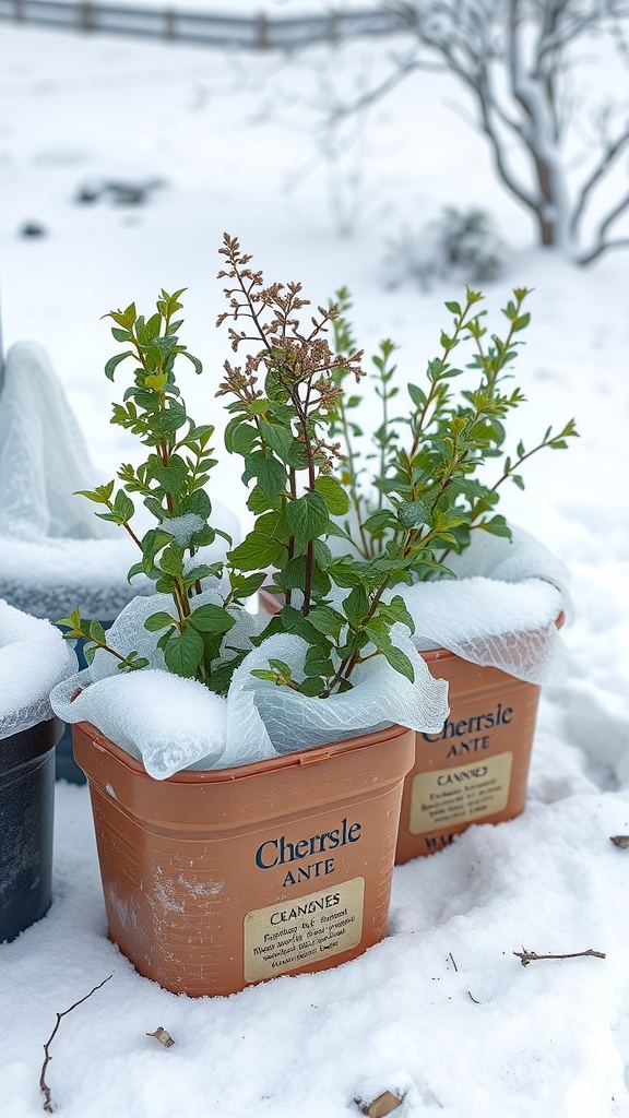 Two pots of herbs wrapped for winter protection in the snow.