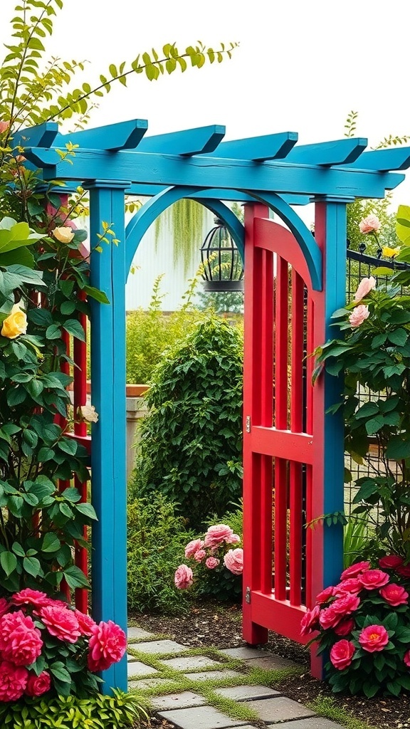 A colorful wooden trellis painted in blue and red, surrounded by vibrant flowers and greenery.
