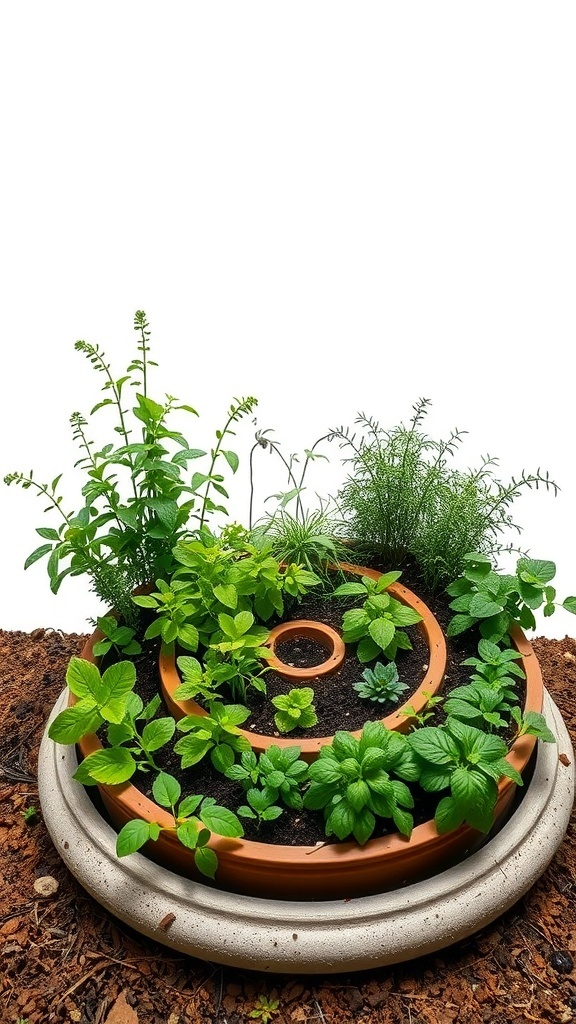A circular herb spiral garden with various herbs growing in a layered design.