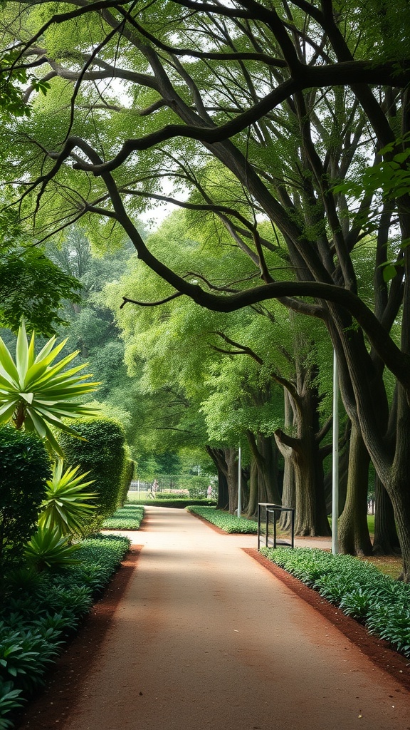 A serene tree-lined pathway in a garden, surrounded by lush greenery and vibrant plants.