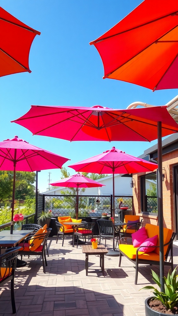 A patio with pink and orange umbrellas, black chairs, and colorful cushions.