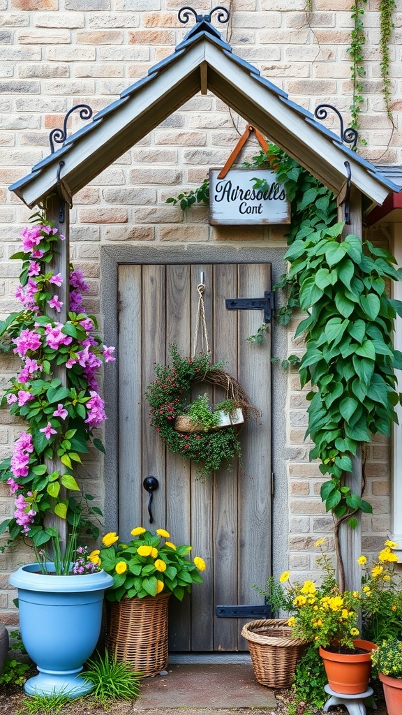 A charming entrance with a wooden door, surrounded by colorful flowers and a trellis.