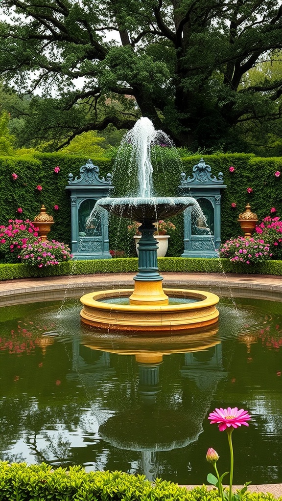 A classic Victorian pond with an ornate fountain surrounded by colorful flowers and lush greenery.