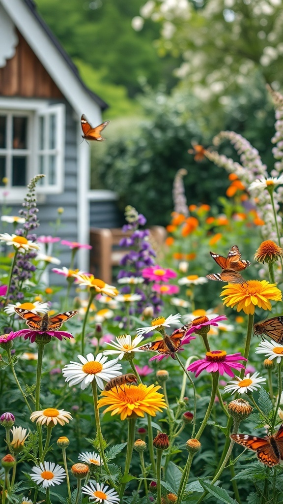 A colorful flower garden with butterflies fluttering around various blooms, showcasing a vibrant cottage garden design.