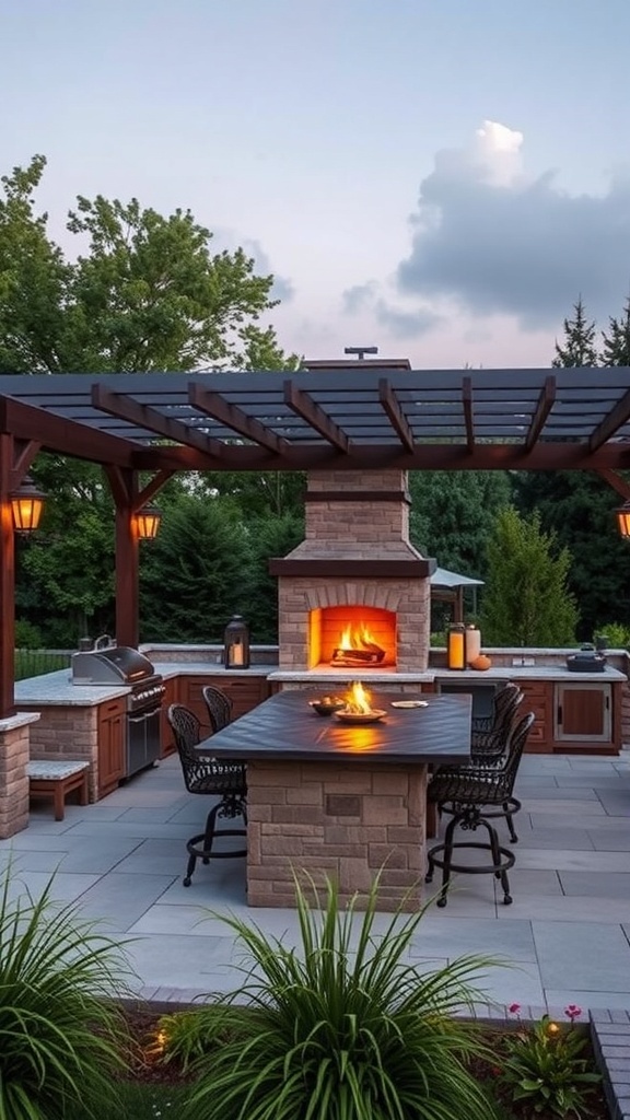 Outdoor kitchen with a wooden pergola covering, stone fireplace, and dining area.