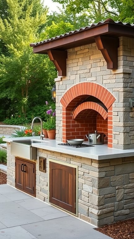 Traditional stone outdoor kitchen with a sink and grill area, surrounded by greenery.