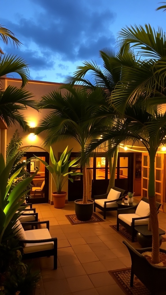 A tropical courtyard garden at night with soft lighting and palm trees.