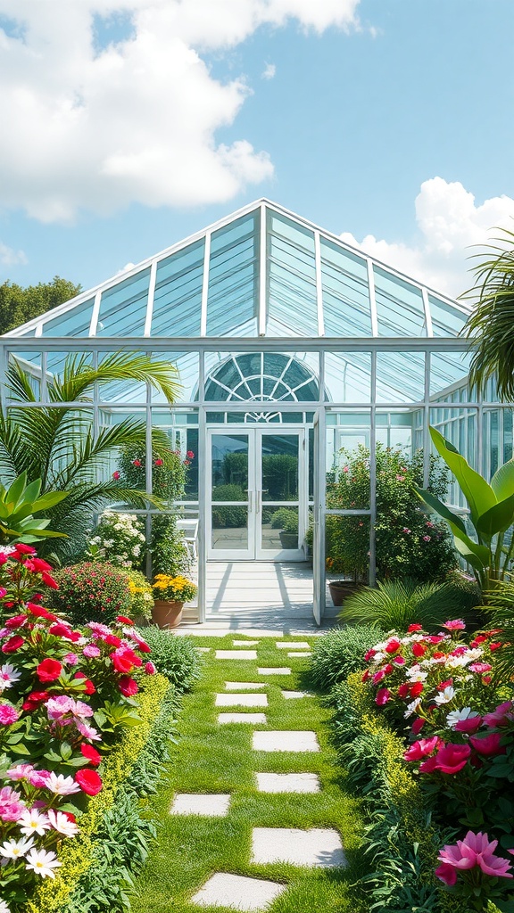A contemporary glass greenhouse surrounded by colorful flowers and a stone pathway.