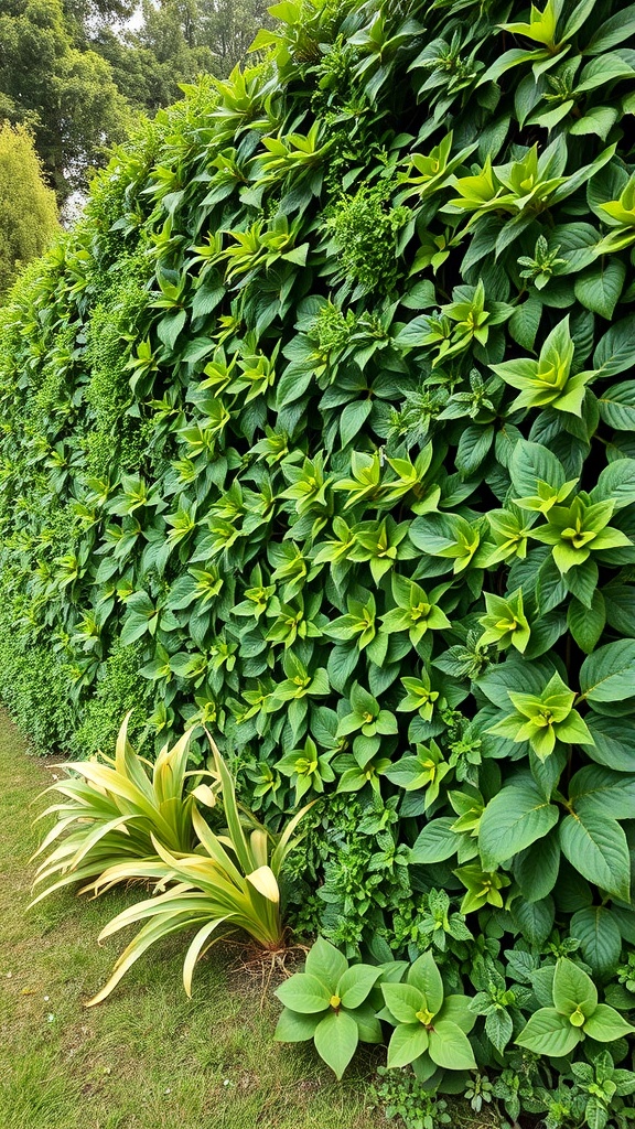 A lush green wall made of various plants, showcasing a vibrant and textured living fence.