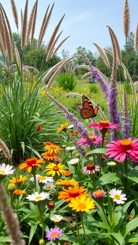A butterfly garden featuring colorful flowers and ornamental grasses, with a butterfly perched on a pink flower.