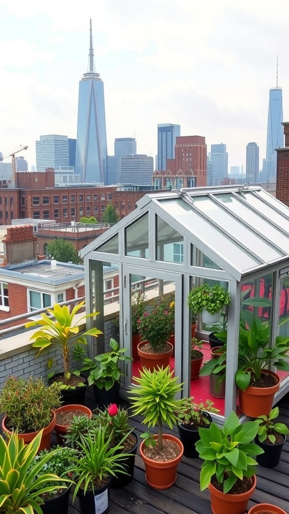 A modern rooftop greenhouse filled with various plants, overlooking a city skyline.