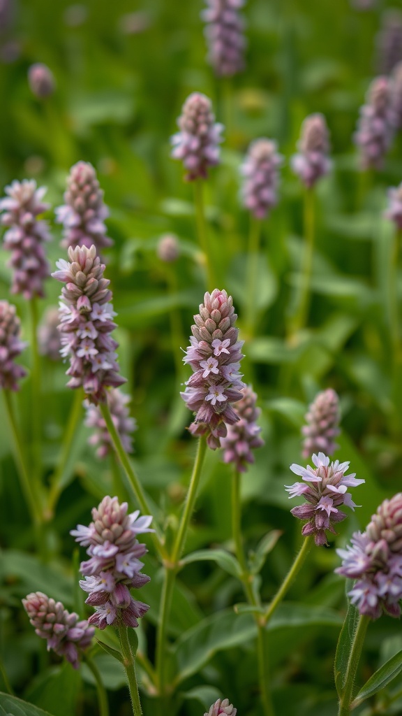 A close-up view of self-heal flowers with purple blooms surrounded by green foliage.