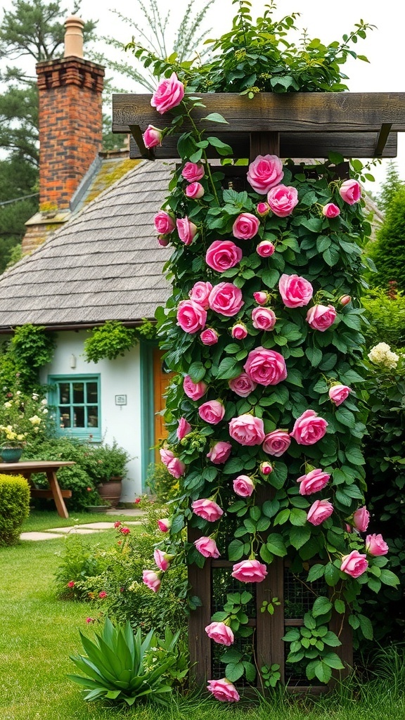 A rustic wooden trellis covered in pink climbing roses next to a charming cottage.