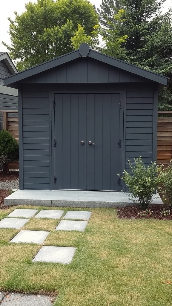 A modern charcoal garden shed with a sleek design, surrounded by greenery and a stone pathway.