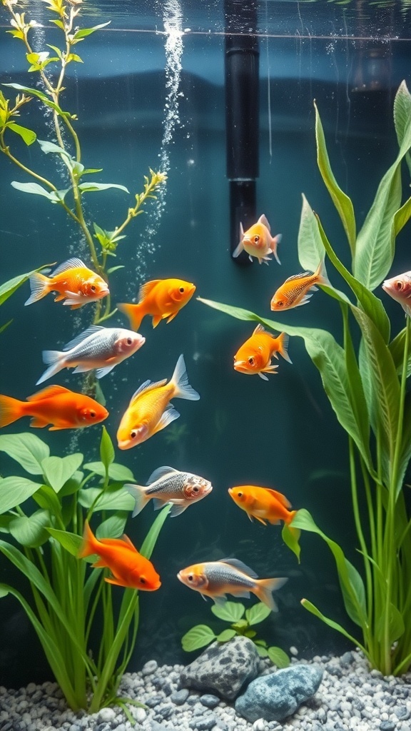 A vibrant indoor water garden featuring various fish swimming among green plants.