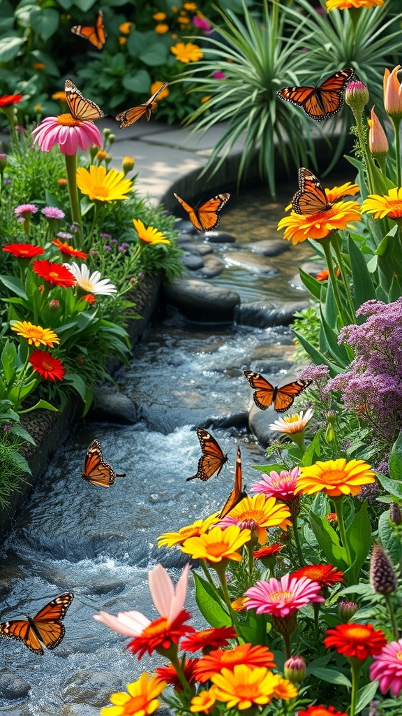 A colorful butterfly garden with a stream flowing through it, surrounded by various flowers and butterflies.