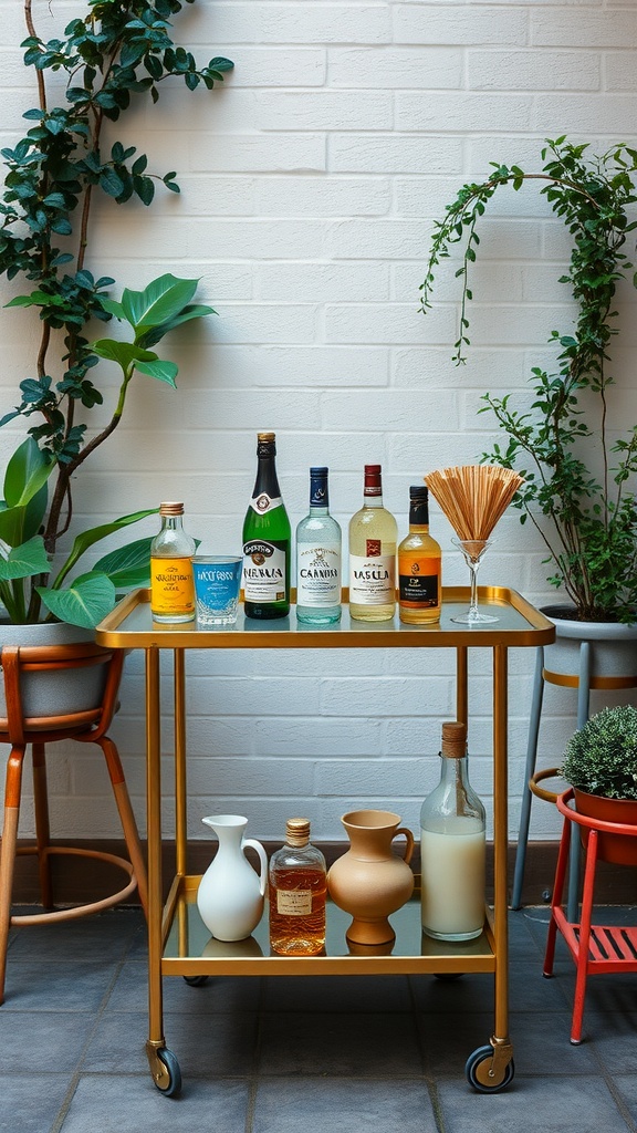 A stylish bar cart with various bottles of liquor and decorative pitchers, surrounded by greenery.