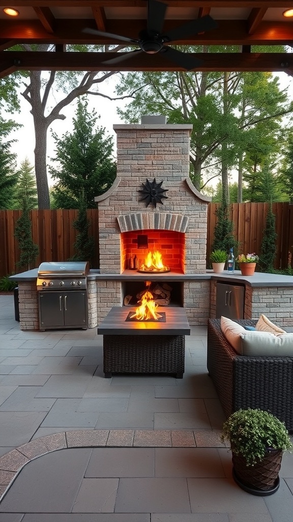 Outdoor kitchen with a stone fireplace and built-in seating