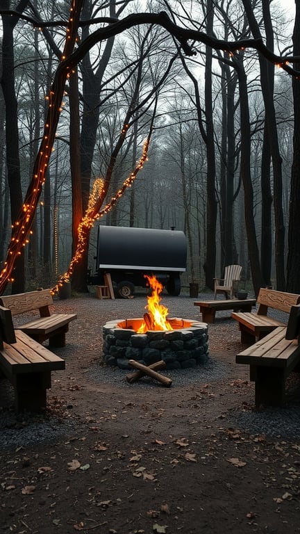 A rustic fire pit surrounded by log benches in a wooded area.