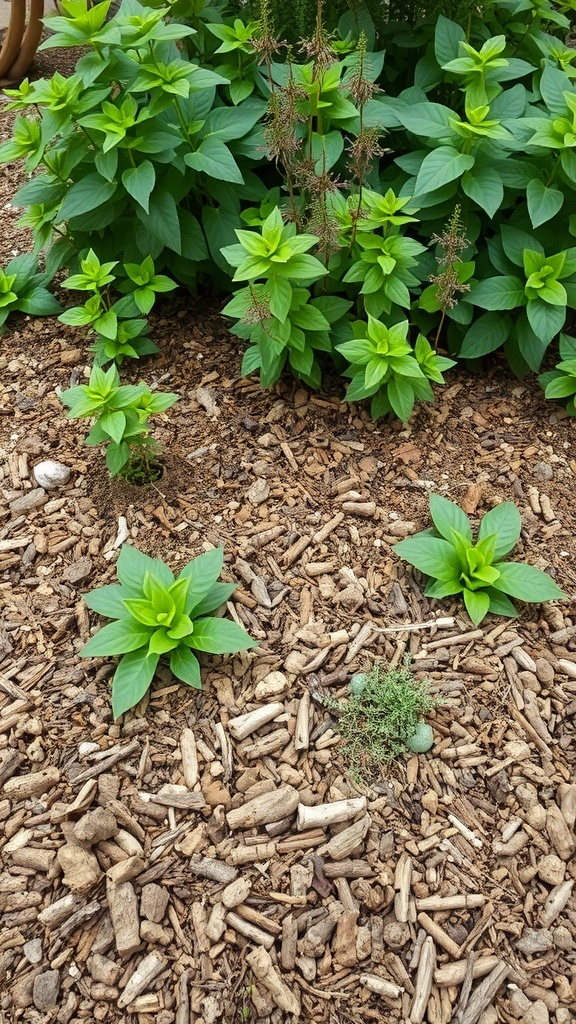 A garden bed with green plants surrounded by natural mulch.