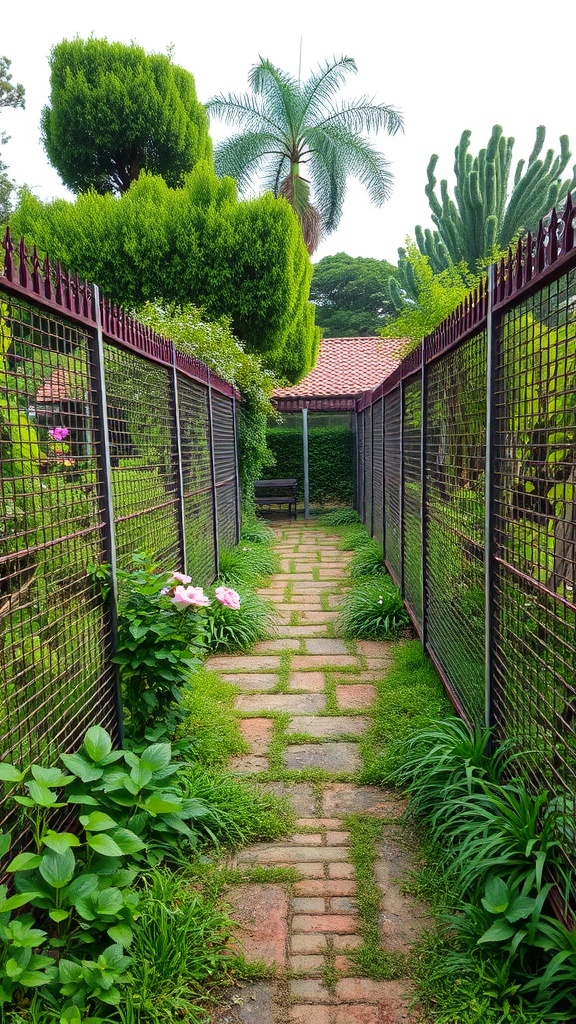 A garden pathway framed by fencing, lined with greenery and flowers.