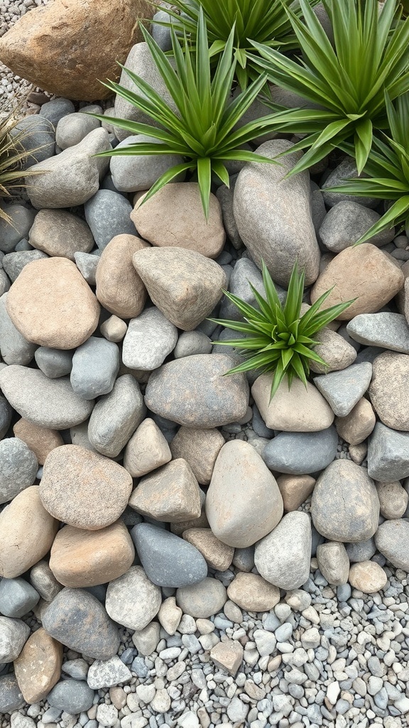 A rock bed featuring smooth stones and green plants