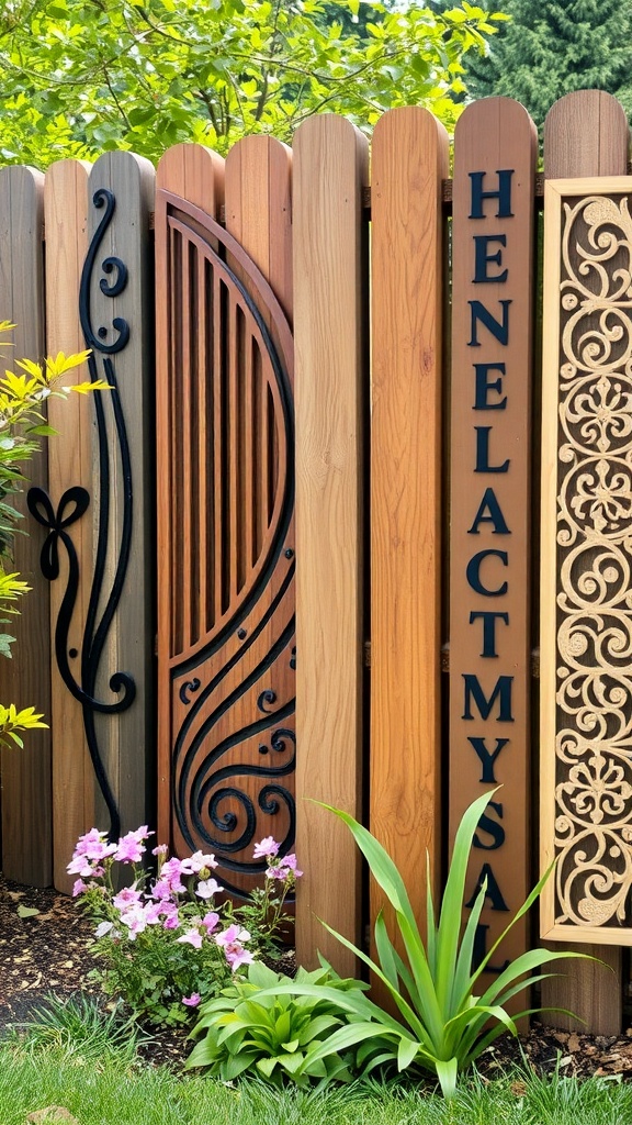 Decorative fence panels with various patterns and textures, featuring wood tones and floral accents.