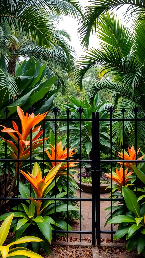 A garden with a black fence, featuring tropical plants and bright orange flowers.