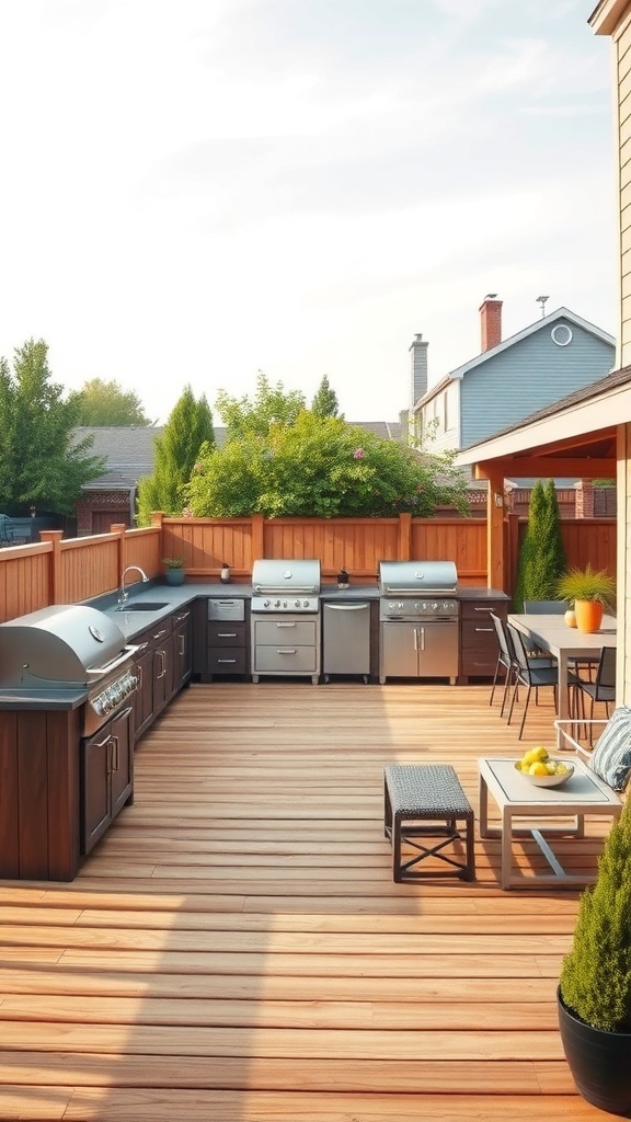 A spacious outdoor kitchen on a multi-level deck featuring modern grills, counter space, and seating.