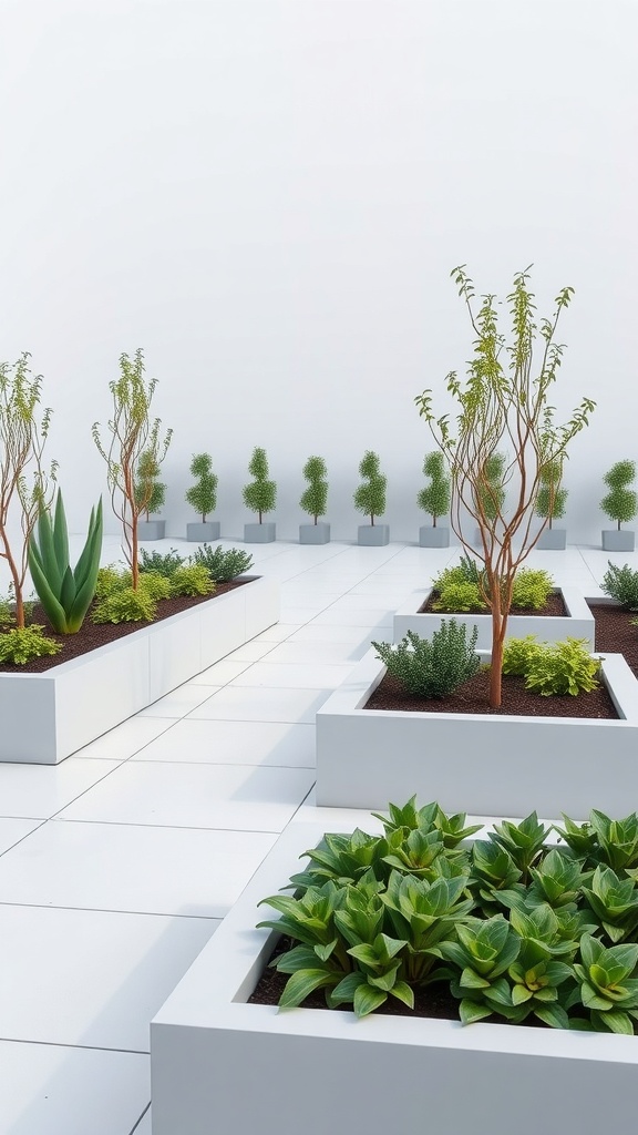 A modern minimalist garden featuring raised beds with various plants, set against a clean white background.