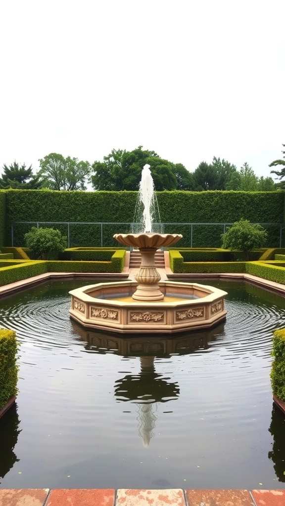 A formal garden pond with a symmetrical fountain, surrounded by trimmed hedges and statues.