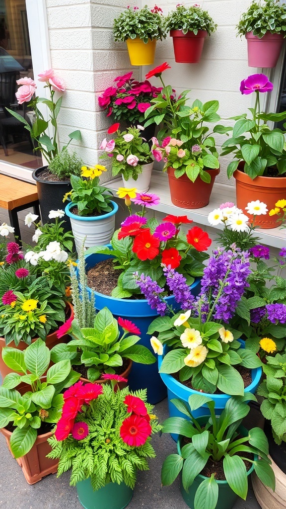 A colorful display of various flowers in pots, showcasing a vibrant container garden.
