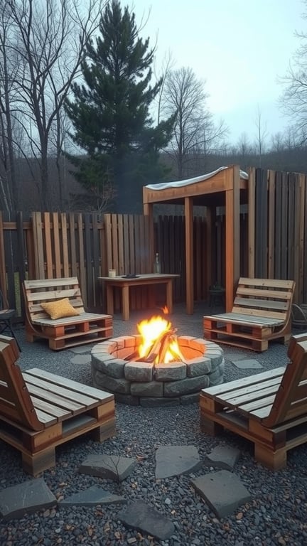A rustic fire pit surrounded by pallet seating in a cozy outdoor setting.