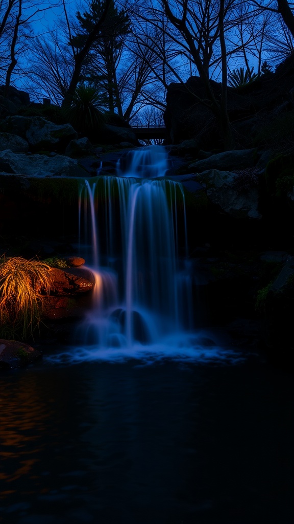 A nighttime view of a waterfall cascading into a pond, illuminated by soft lights, surrounded by trees.