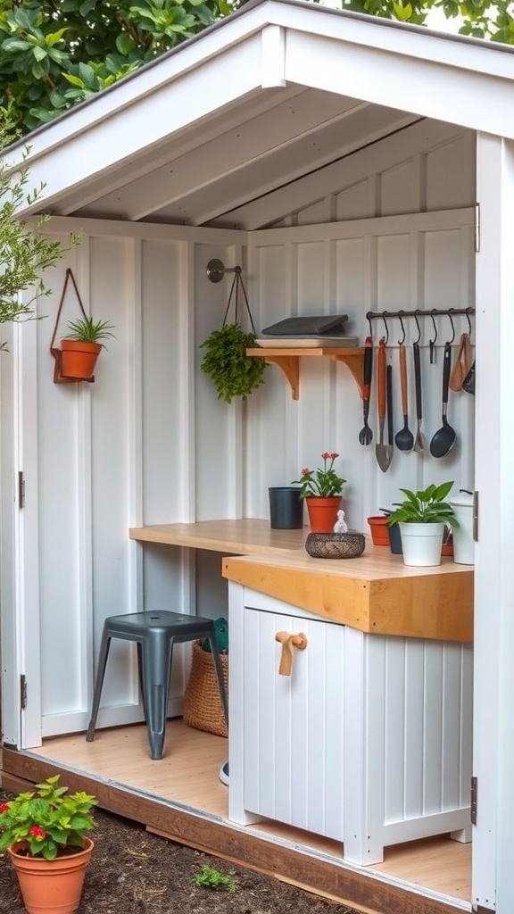 A functional white garden shed featuring a potting bench, workstation, and potted plants.