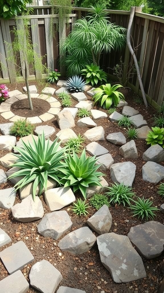 A small rock bed design featuring various plants and stones in a cozy garden space.