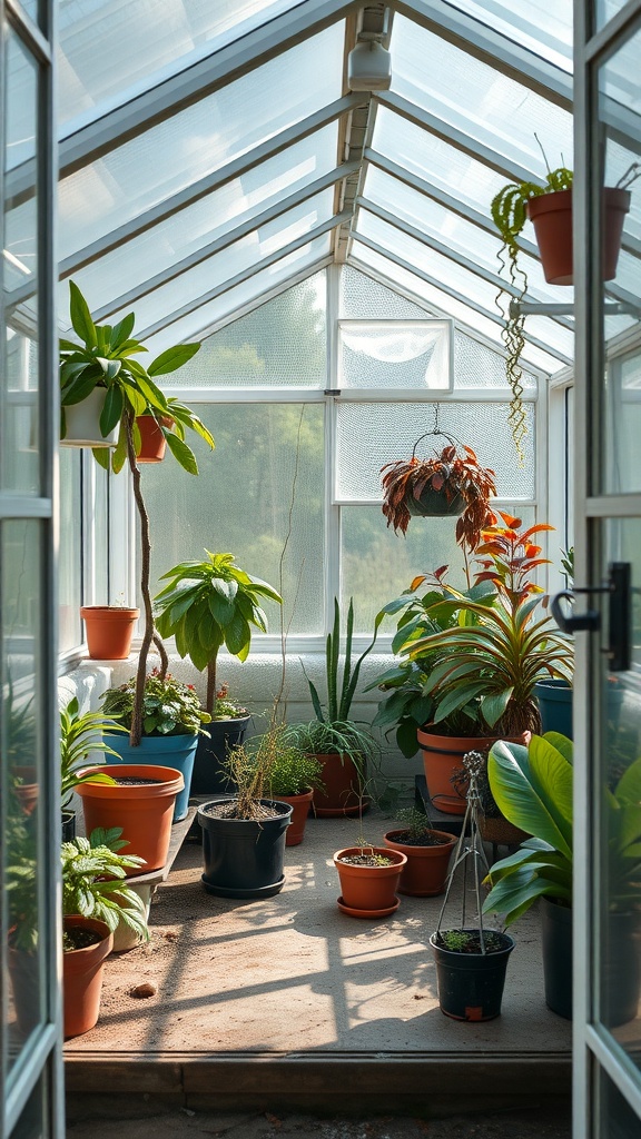 A compact greenhouse filled with various potted plants, showcasing a bright and inviting atmosphere.