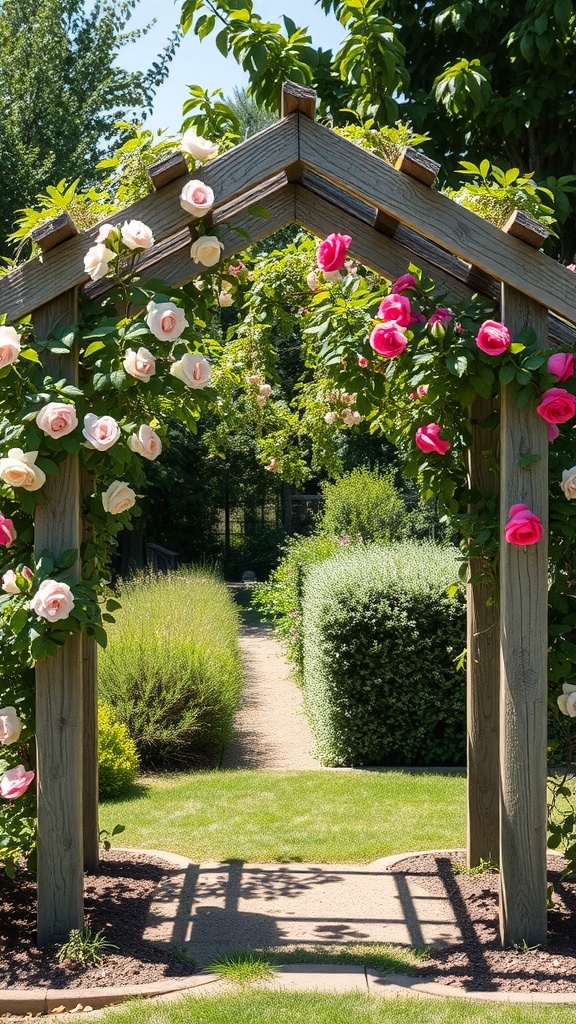 A rustic wooden garden arch adorned with pink and white roses, leading into a lush garden.