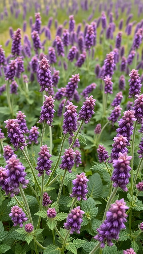 A field of henbit flowers with purple blooms and green leaves.