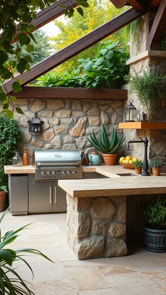 Outdoor kitchen featuring natural stone countertops and lush greenery
