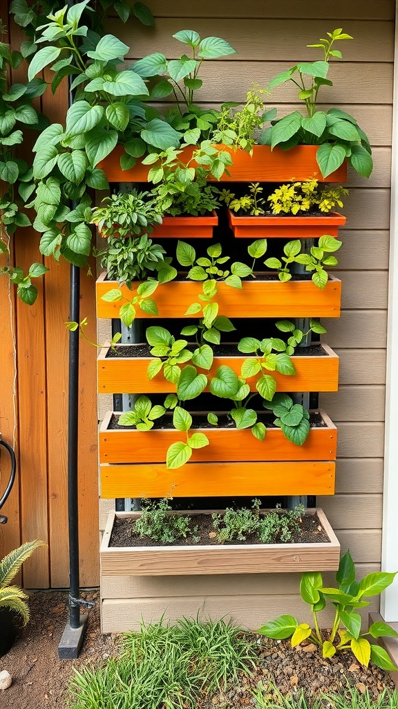 A vertical raised bed garden with multiple tiers of plants in vibrant orange boxes.