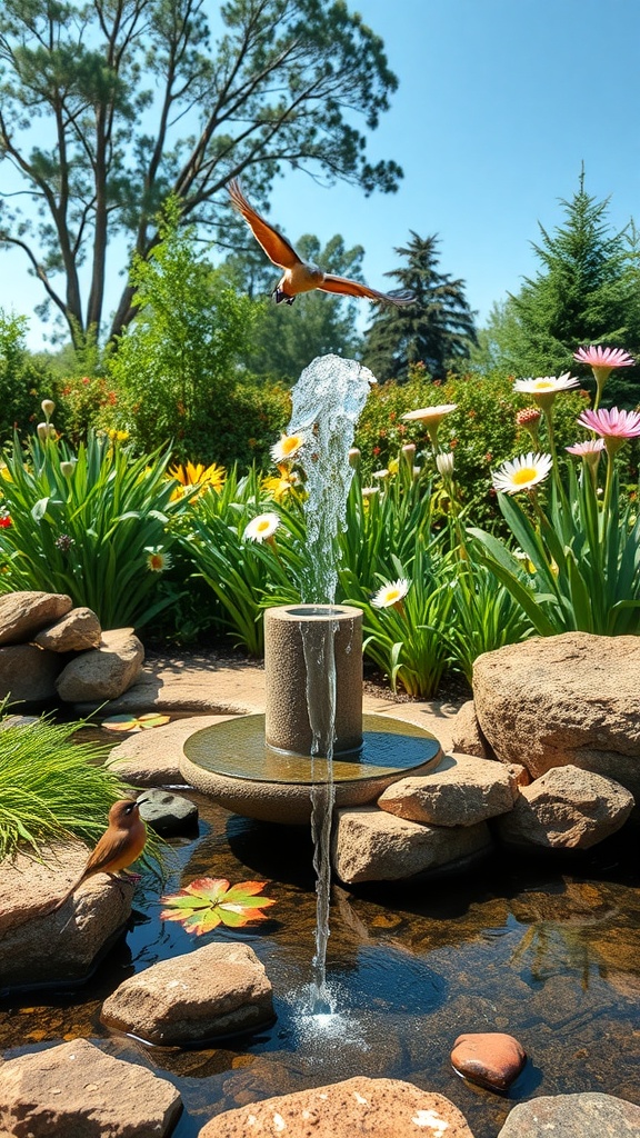 A wildlife-friendly pond featuring a fountain, surrounded by flowers and greenery, with a bird flying above.