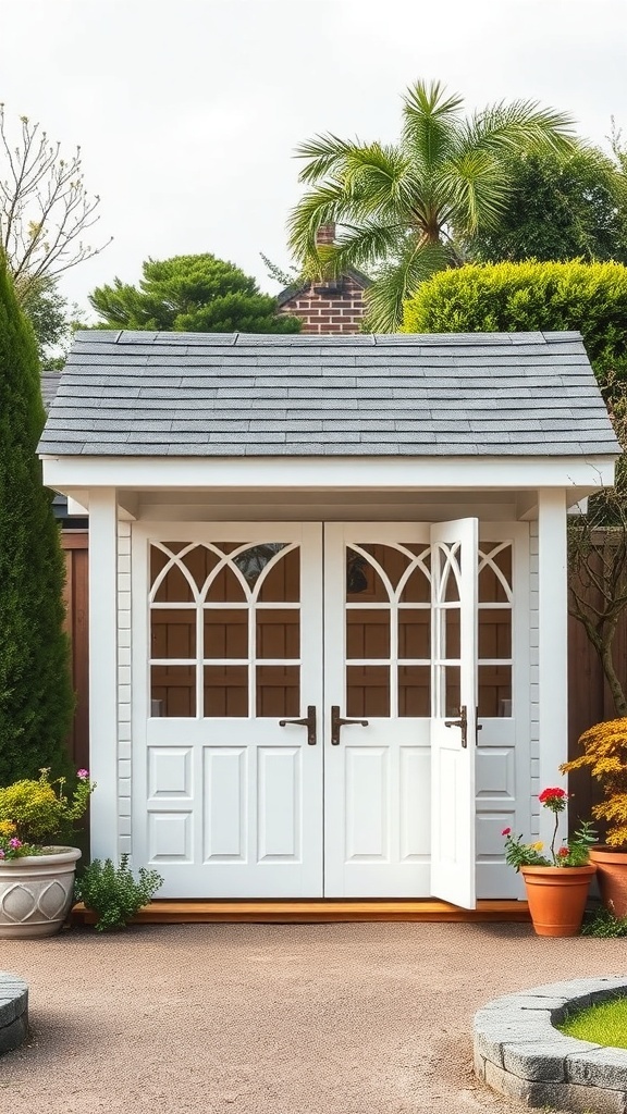 A white garden shed with arched doors and a shingled roof, surrounded by greenery and potted plants.