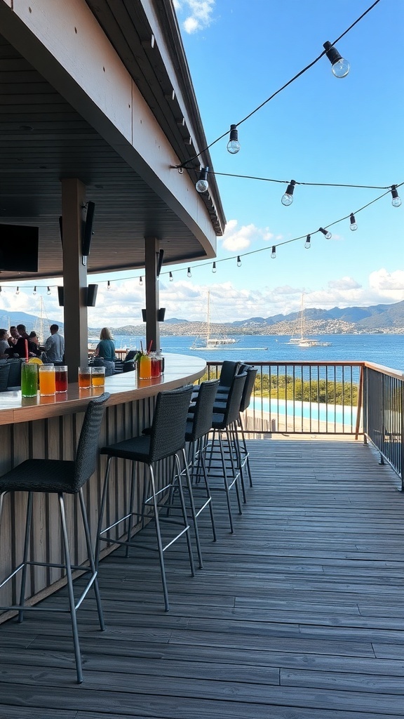 Outdoor bar with stools overlooking a scenic view